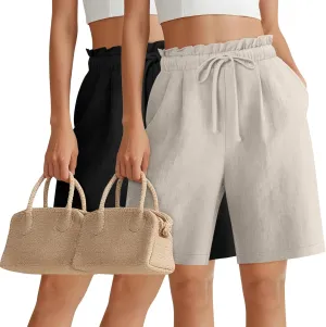 2 Pack Women's Linen Bermuda Shorts Cotton High Waist Wide Leg Summer Drawstring Mid Length Shorts with Pockets