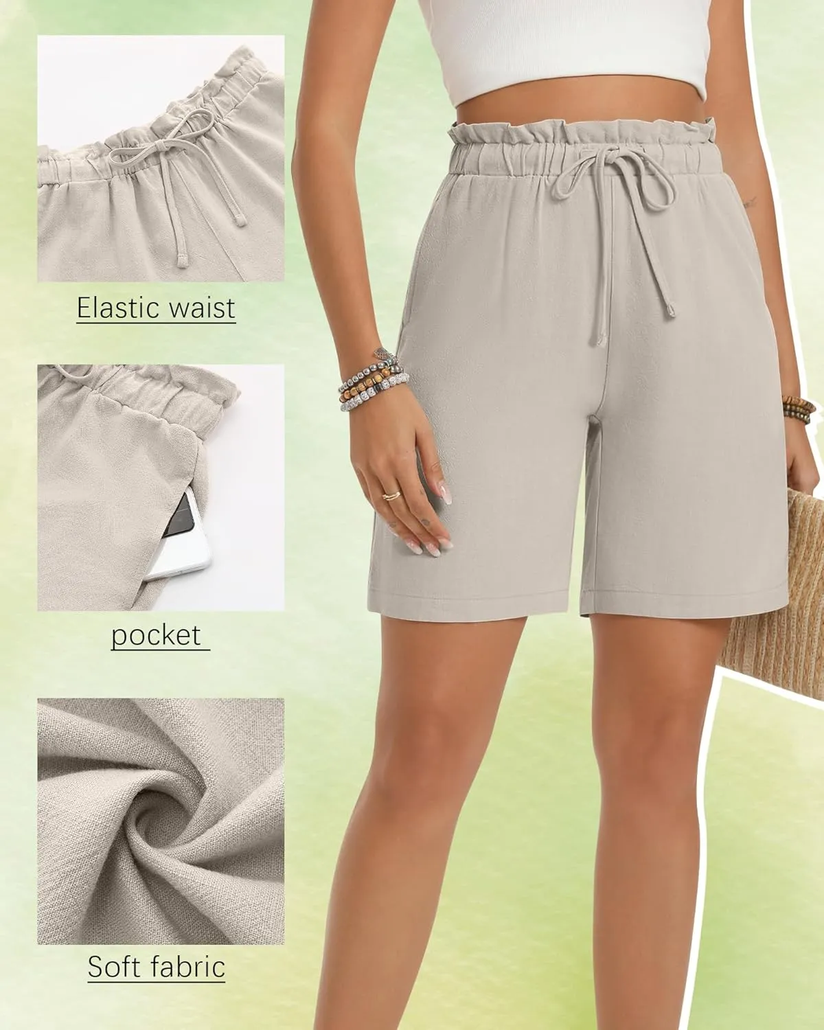2 Pack Women's Linen Bermuda Shorts Cotton High Waist Wide Leg Summer Drawstring Mid Length Shorts with Pockets