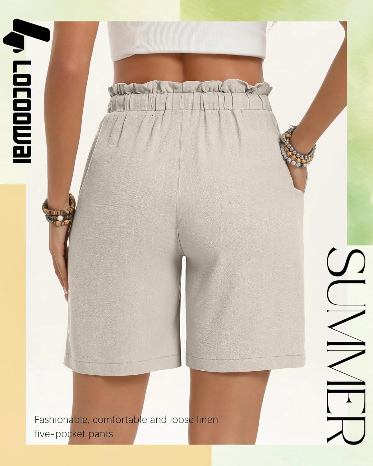 2 Pack Women's Linen Bermuda Shorts Cotton High Waist Wide Leg Summer Drawstring Mid Length Shorts with Pockets