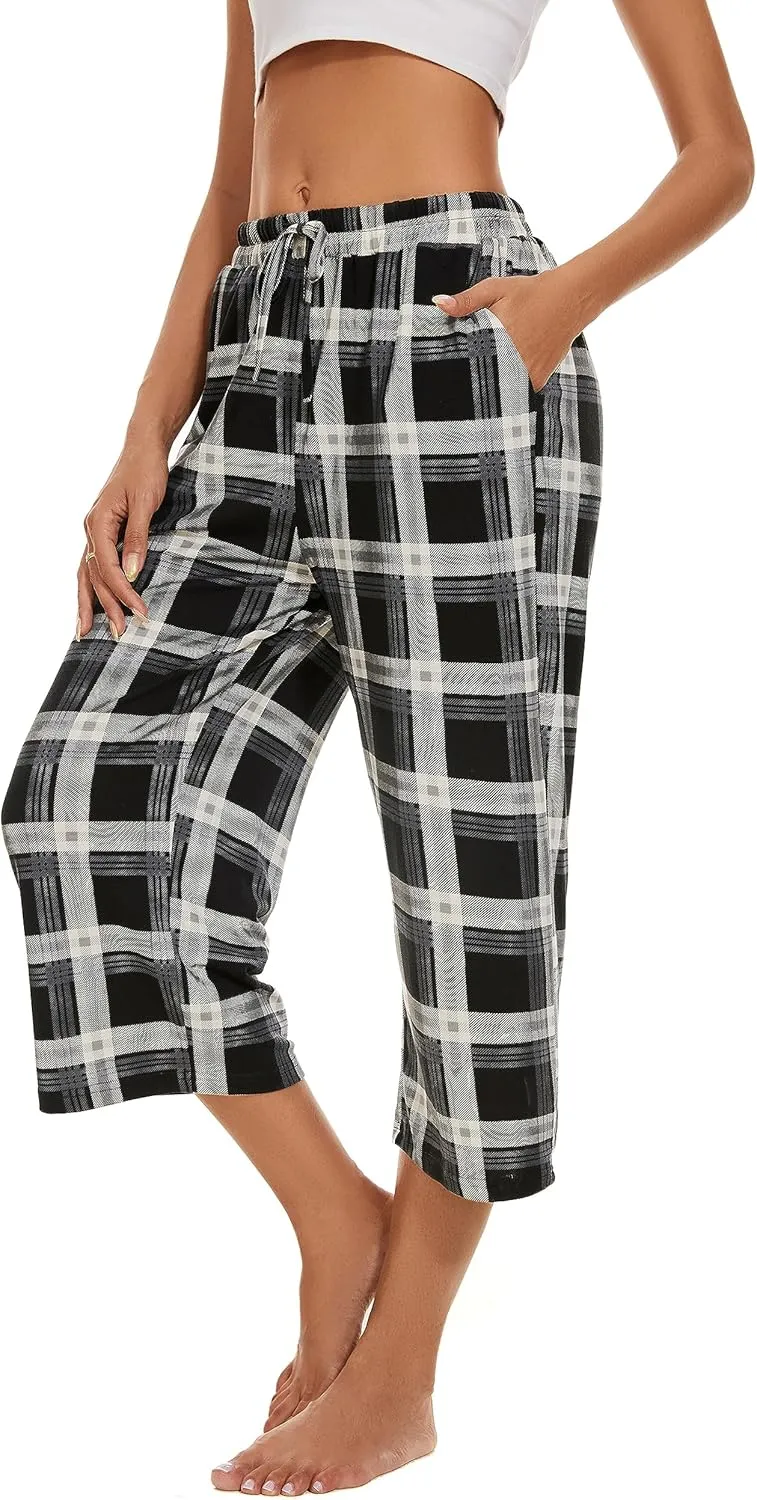 2 Pack Womens Pajama Pants Capri Sleep Lounge Pants Drawstring Pj Bottoms with Pockets