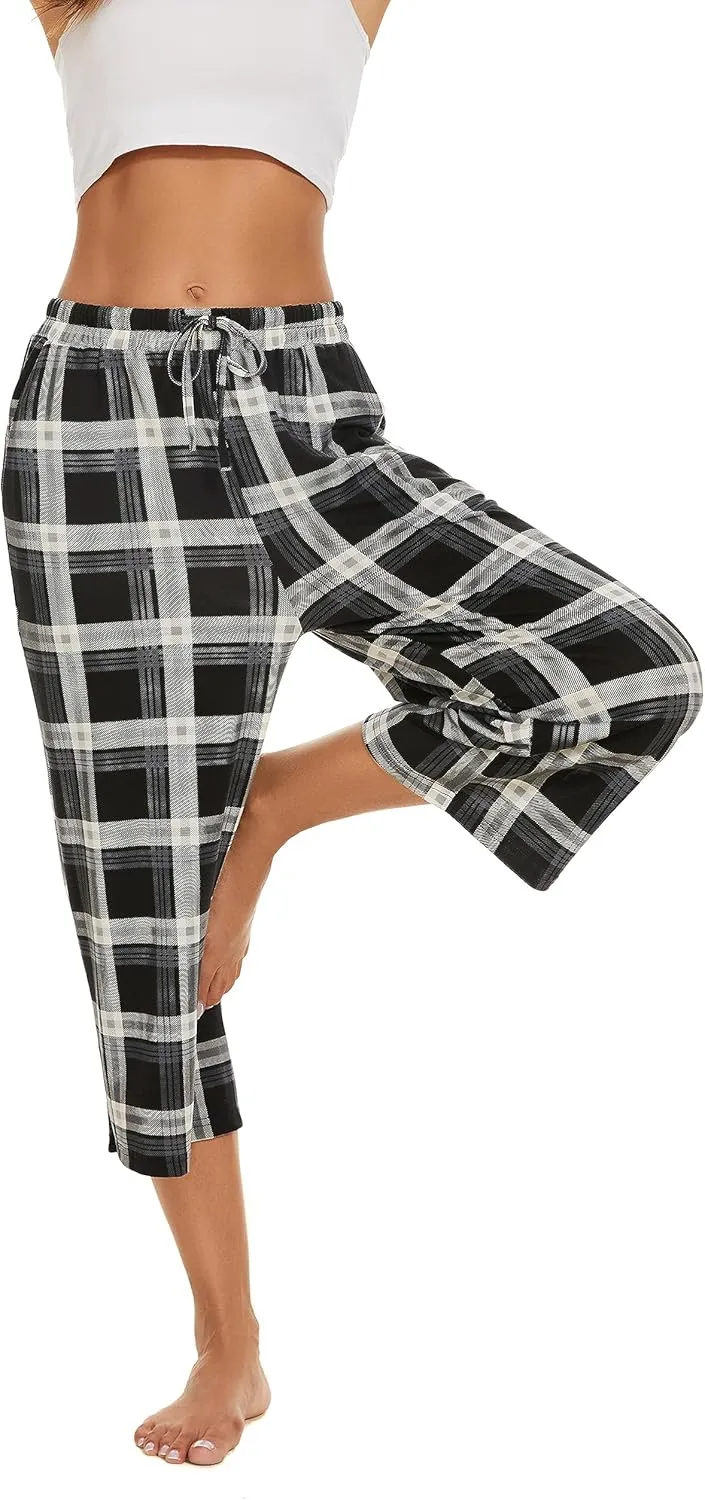 2 Pack Womens Pajama Pants Capri Sleep Lounge Pants Drawstring Pj Bottoms with Pockets