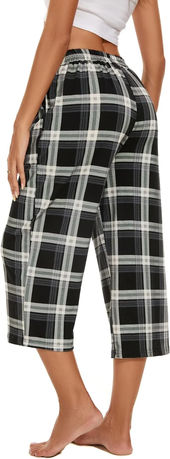 2 Pack Womens Pajama Pants Capri Sleep Lounge Pants Drawstring Pj Bottoms with Pockets