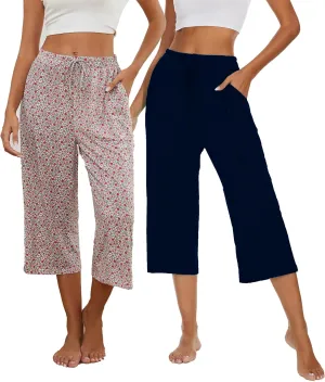 2 Pack Womens Pajama Pants Capri Sleep Lounge Pants Drawstring Pj Bottoms with Pockets