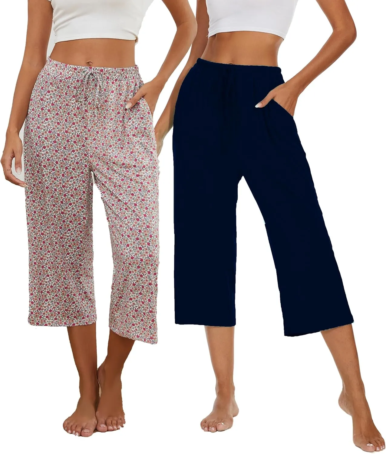 2 Pack Womens Pajama Pants Capri Sleep Lounge Pants Drawstring Pj Bottoms with Pockets