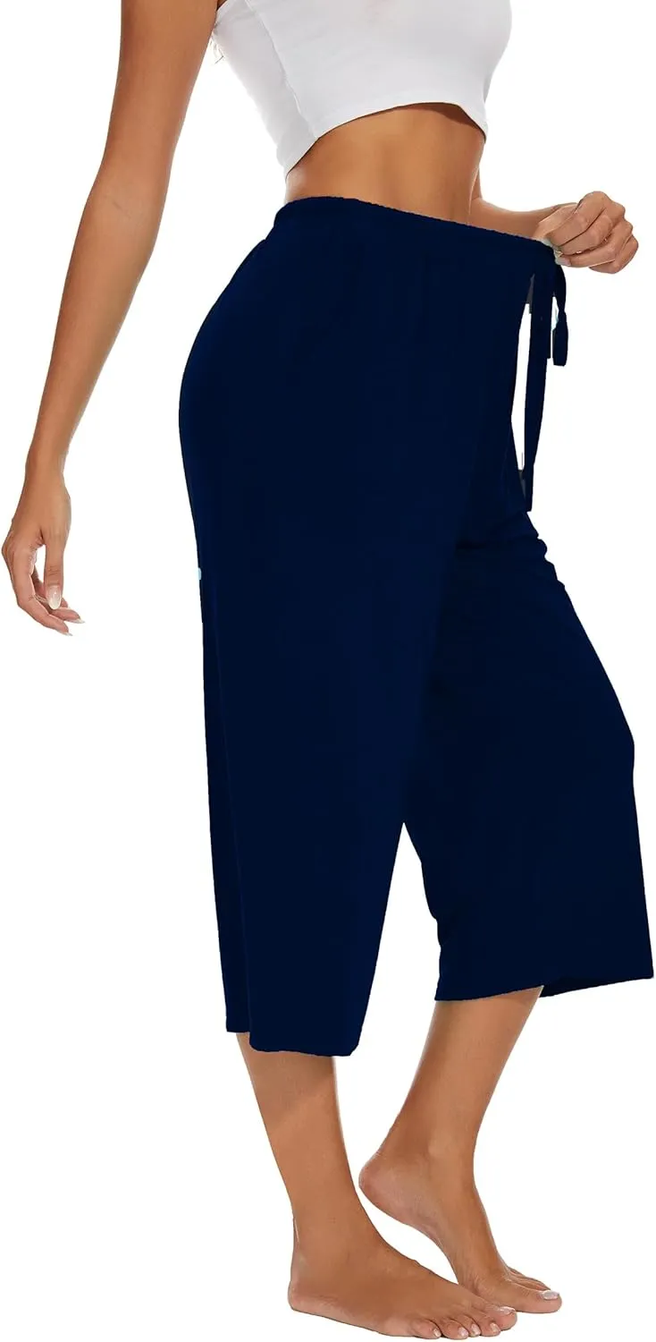 2 Pack Womens Pajama Pants Capri Sleep Lounge Pants Drawstring Pj Bottoms with Pockets