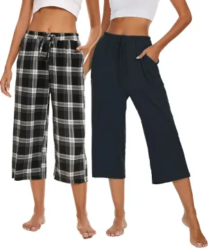 2 Pack Womens Pajama Pants Capri Sleep Lounge Pants Drawstring Pj Bottoms with Pockets