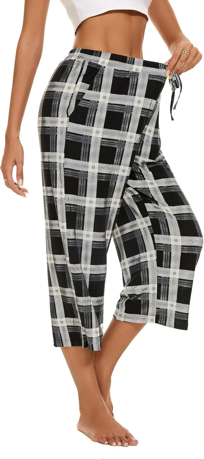 2 Pack Womens Pajama Pants Capri Sleep Lounge Pants Drawstring Pj Bottoms with Pockets