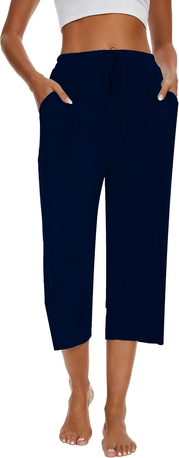 2 Pack Womens Pajama Pants Capri Sleep Lounge Pants Drawstring Pj Bottoms with Pockets