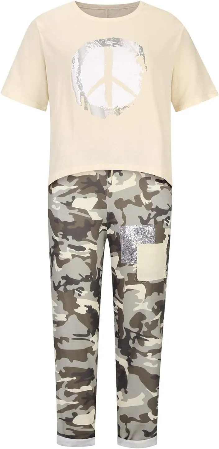 2 Piece Linen Set for Women Summer Outfits Plus Size Short Sleeve Graphic Tees Camo Pants Lounge Matching Sets