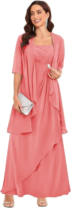2 Piece Mother of The Bride Dress for Women with Jacket Chiffon Ruffle Long Formal Evening Gown