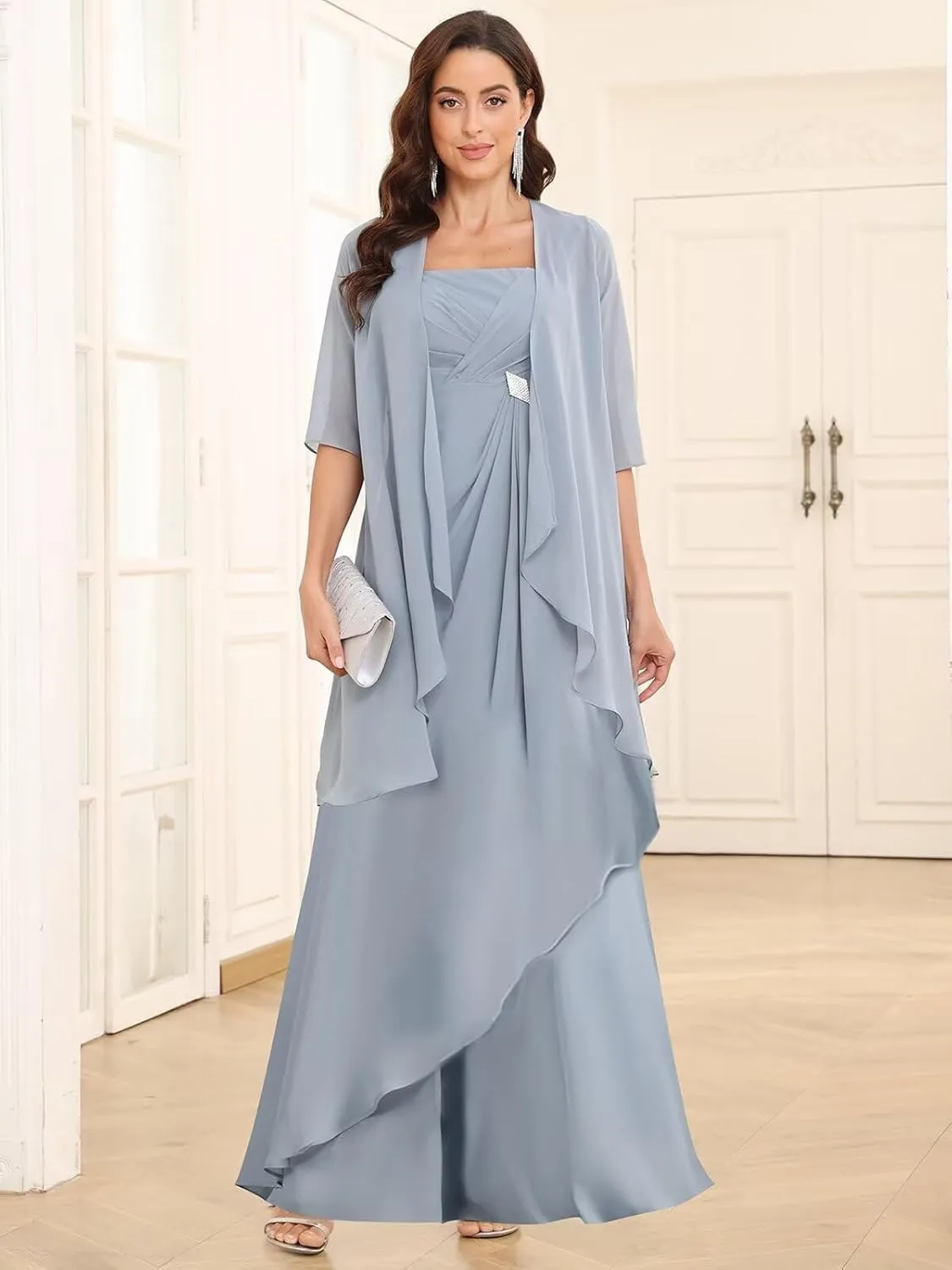 2 Piece Mother of The Bride Dress for Women with Jacket Chiffon Ruffle Long Formal Evening Gown