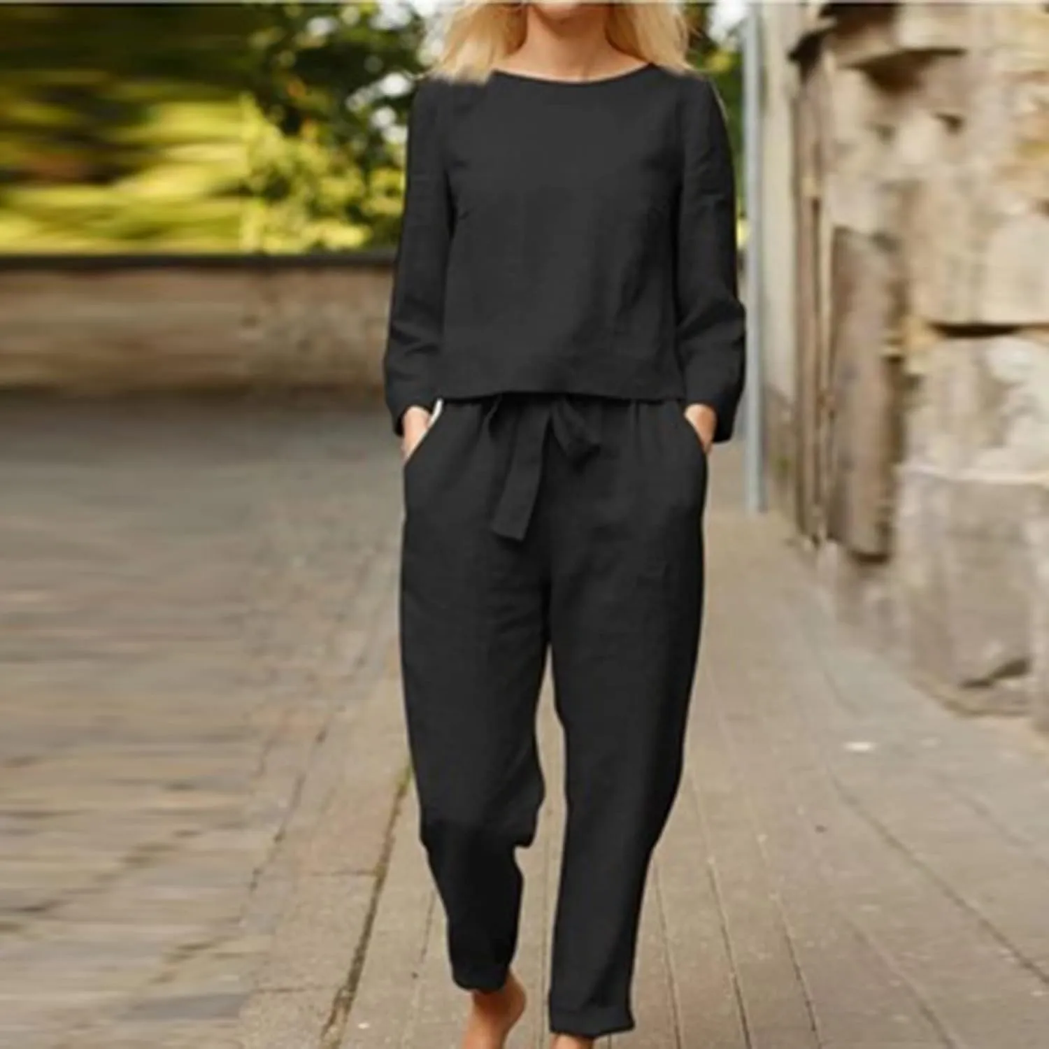 2 Piece Outfits for Women Cotton Linen Lounge Sets Long Sleeve Travel Outfits Comfy Blouse Loose Pants Sets