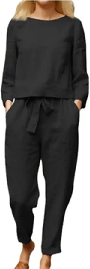 2 Piece Outfits for Women Cotton Linen Lounge Sets Long Sleeve Travel Outfits Comfy Blouse Loose Pants Sets