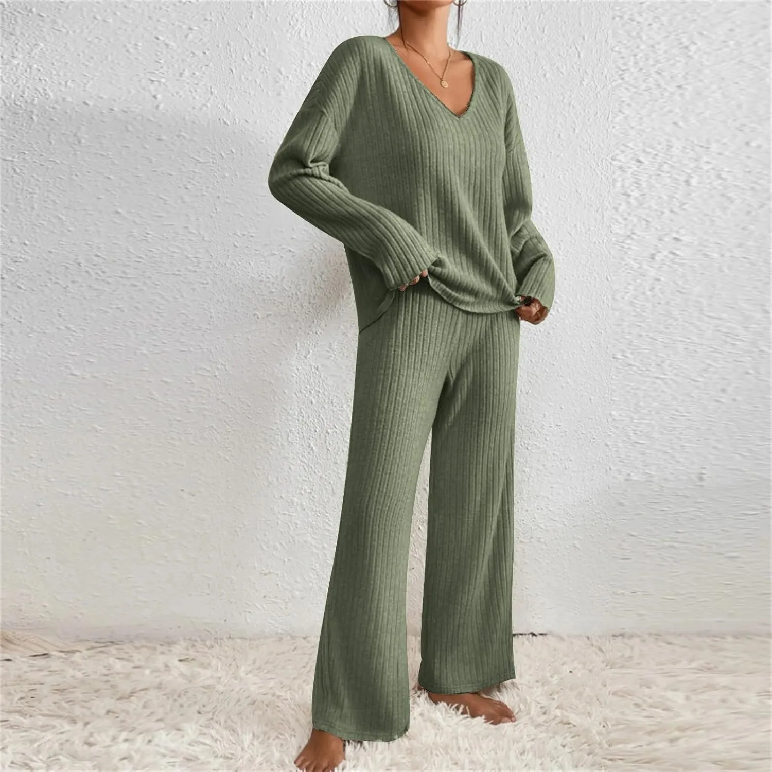 2 Piece Outfits for Women Knit Sweater Long Sleeve Crewneck Tops and Wide Leg Pants 2024 Ribbed Fall Lounge Set