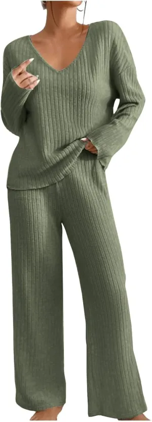 2 Piece Outfits for Women Knit Sweater Long Sleeve Crewneck Tops and Wide Leg Pants 2024 Ribbed Fall Lounge Set