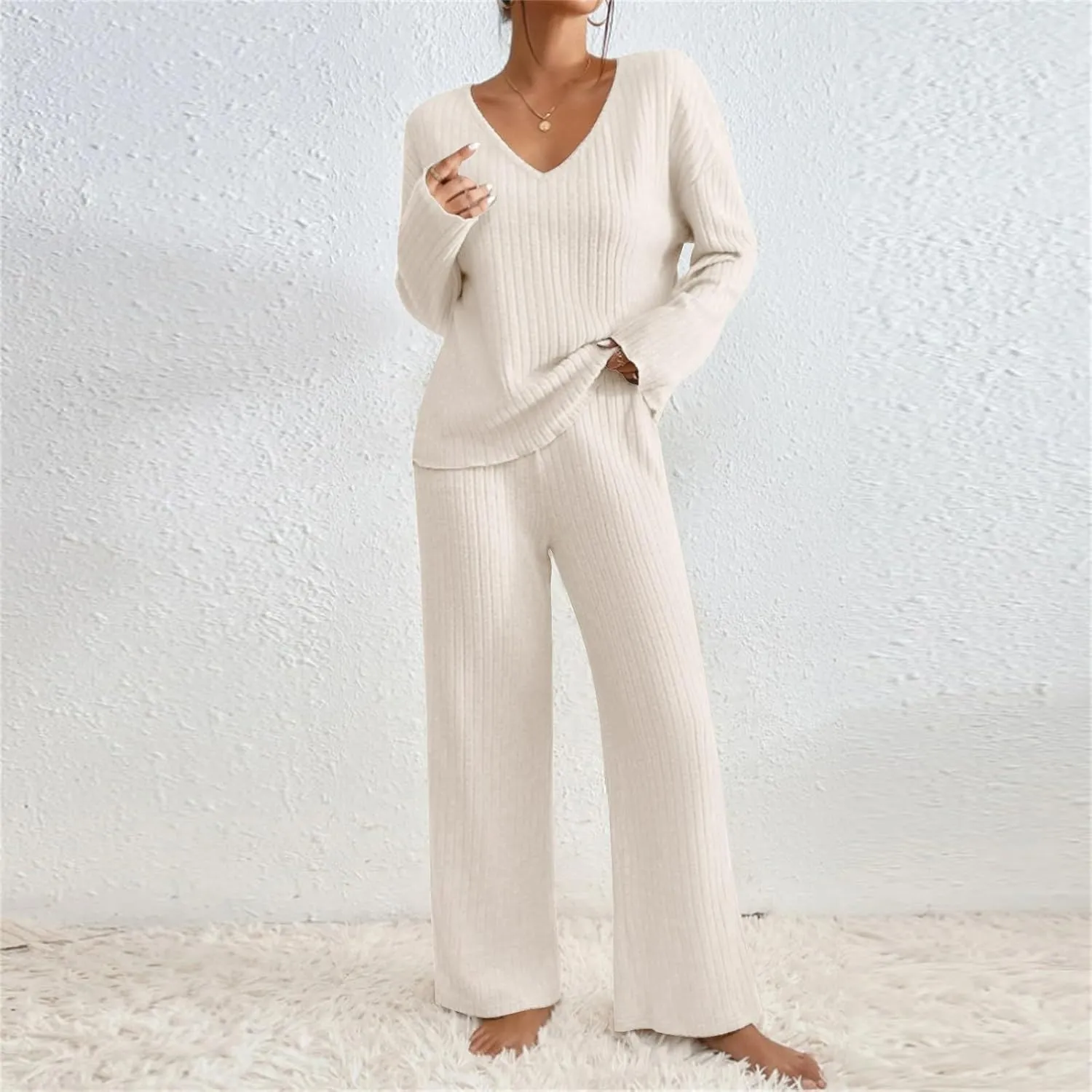 2 Piece Outfits for Women Knit Sweater Long Sleeve Crewneck Tops and Wide Leg Pants 2024 Ribbed Fall Lounge Set