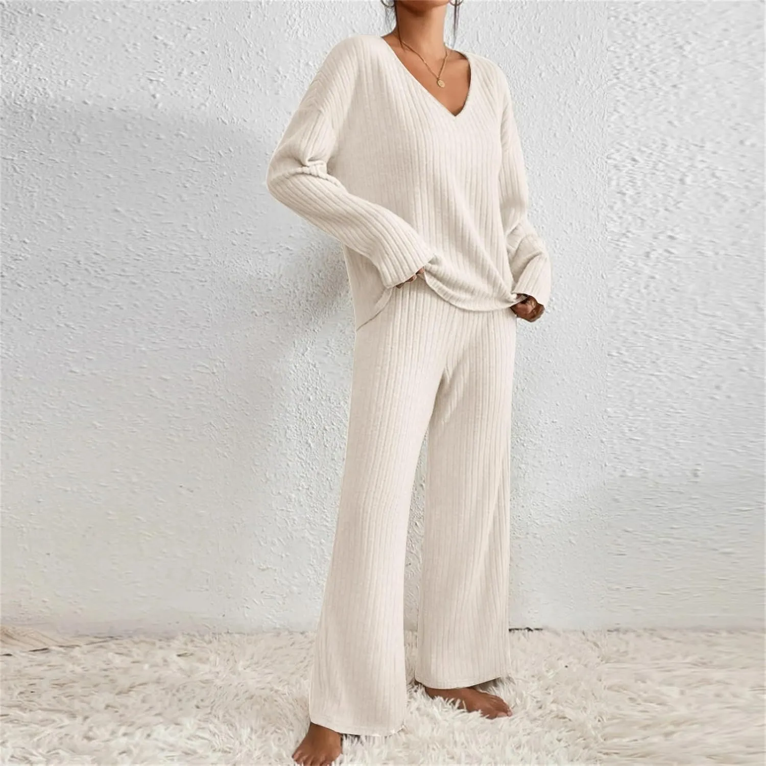 2 Piece Outfits for Women Knit Sweater Long Sleeve Crewneck Tops and Wide Leg Pants 2024 Ribbed Fall Lounge Set