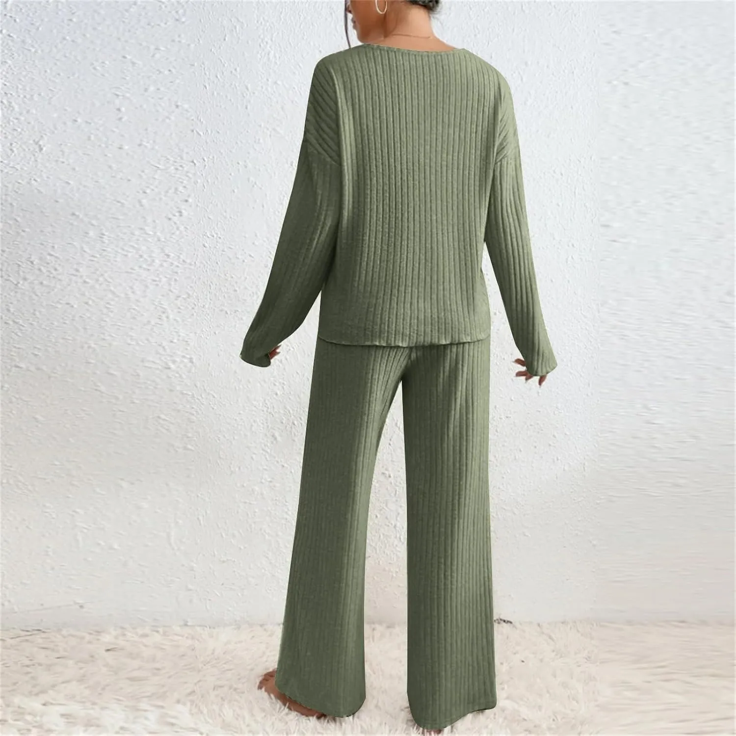 2 Piece Outfits for Women Knit Sweater Long Sleeve Crewneck Tops and Wide Leg Pants 2024 Ribbed Fall Lounge Set