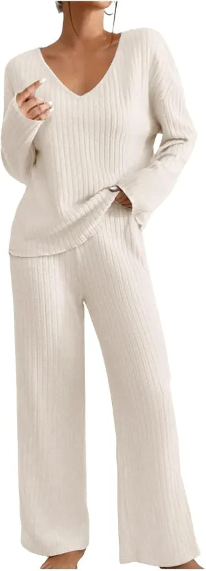2 Piece Outfits for Women Knit Sweater Long Sleeve Crewneck Tops and Wide Leg Pants 2024 Ribbed Fall Lounge Set