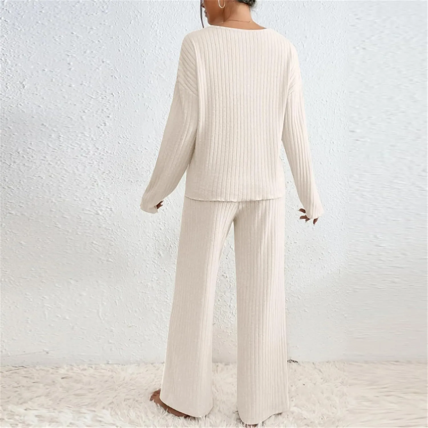 2 Piece Outfits for Women Knit Sweater Long Sleeve Crewneck Tops and Wide Leg Pants 2024 Ribbed Fall Lounge Set