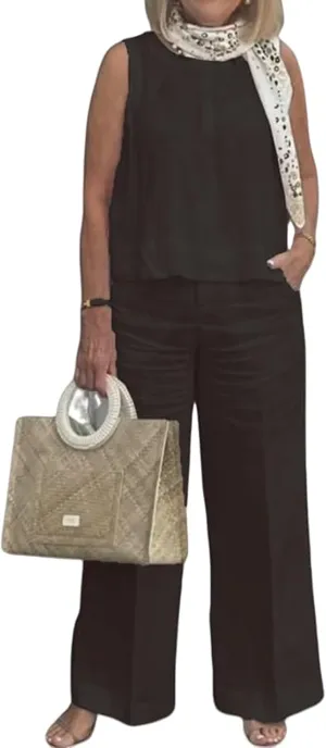 2 Piece Outfits for Women Summer Cotton Linen Sets Sleeveless Tank Tops and Wide Leg Pants Lounge Sets with Pockets