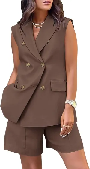2 Piece Sets for Women Summer Business Casual Outfits Sleeveless Vest Blazer and Shorts 2024 Dressy Pants Suits