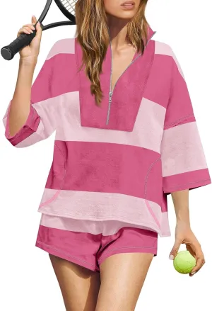 2 Piece Workout Sets for Women Summer Plus Size Going Out Tops Striped Matching Set Travel Athletic Lounge Shorts Set