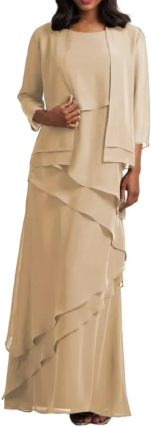 2-Pieces Mother of Bride Dress with Jacket Layered Chiffon Formal Evening Gowns Scoop Neck Mother of The Groom Dress Champagne