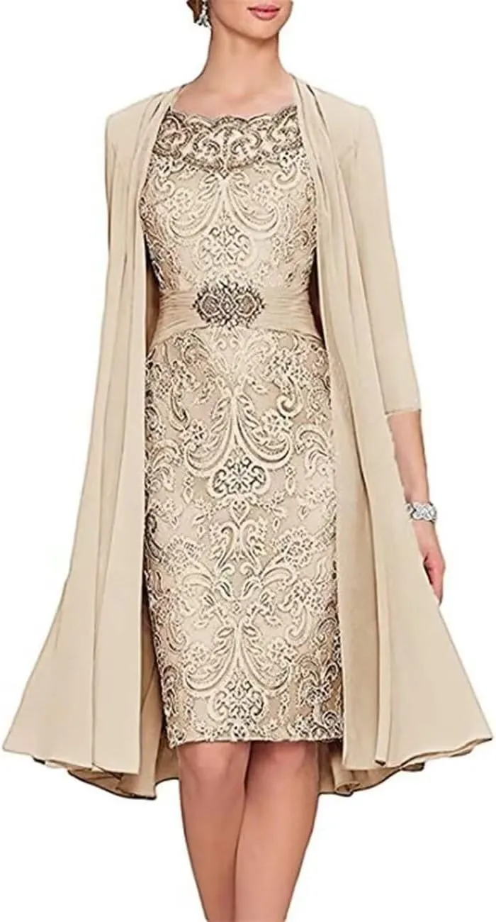 2 Pieces Tea Length Mother of The Bride Dresses with Jackets Lace Formal Evening Dress for Wedding