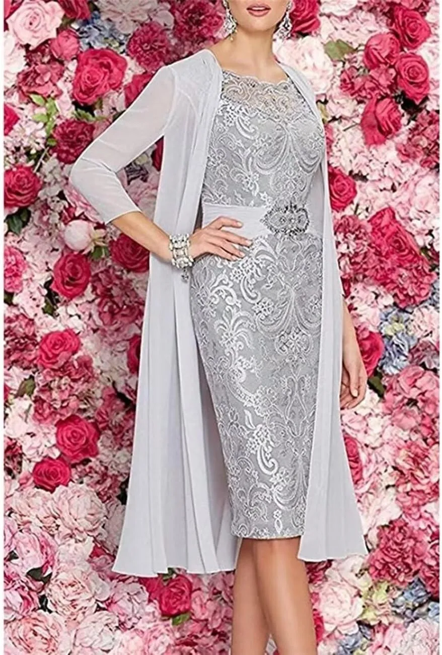 2 Pieces Tea Length Mother of The Bride Dresses with Jackets Lace Formal Evening Dress for Wedding