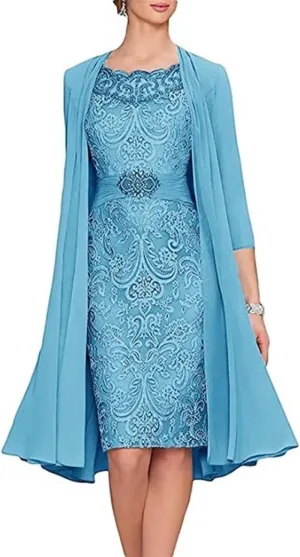2 Pieces Tea Length Mother of The Bride Dresses with Jackets Lace Formal Evening Dress for Wedding