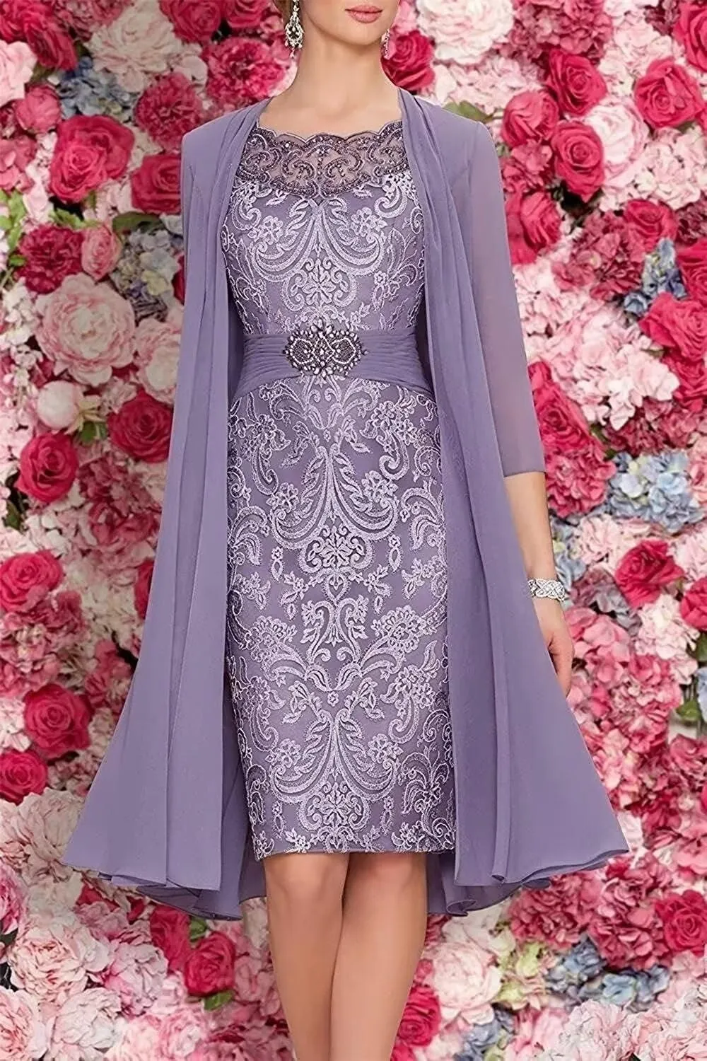 2 Pieces Tea Length Mother of The Bride Dresses with Jackets Lace Formal Evening Dress for Wedding