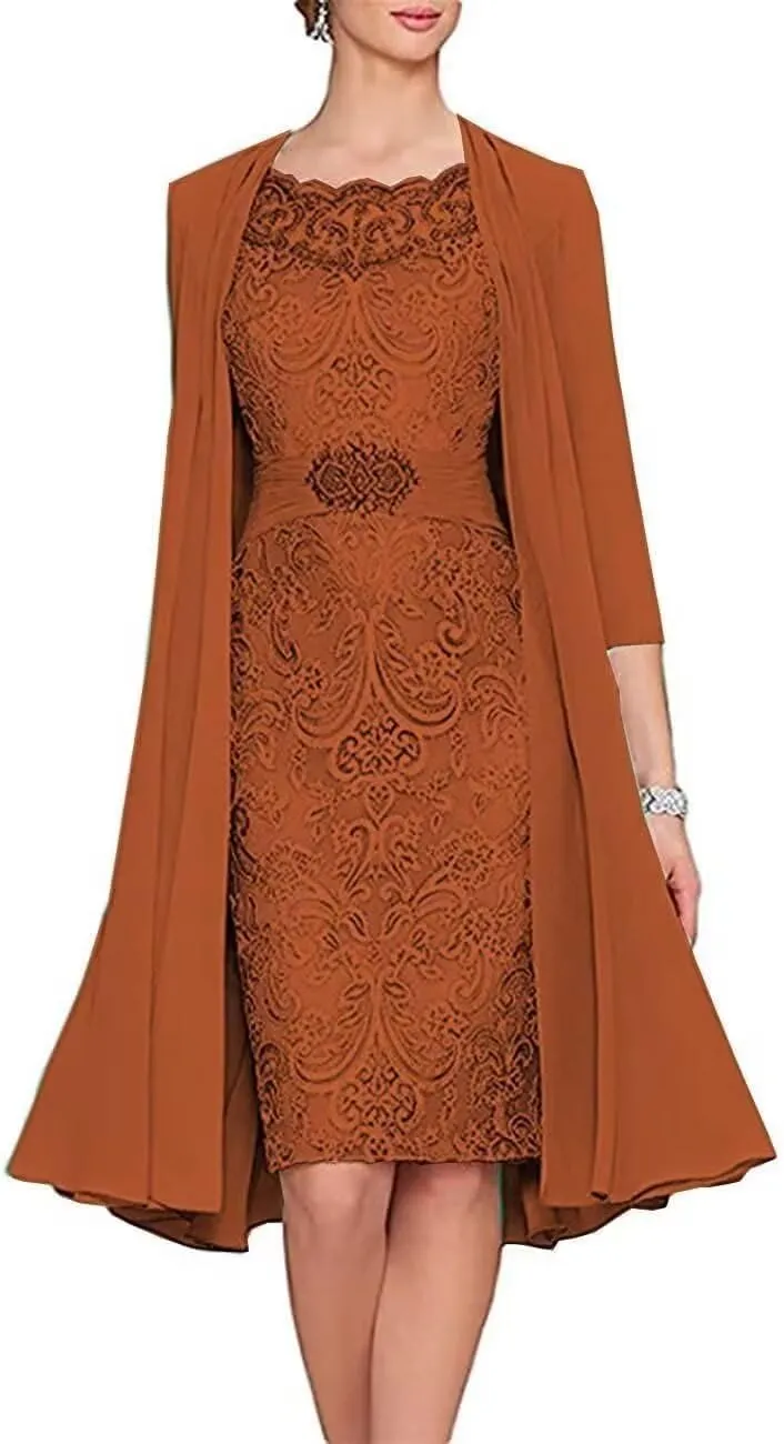 2 Pieces Tea Length Mother of The Bride Dresses with Jackets Lace Formal Evening Dress for Wedding