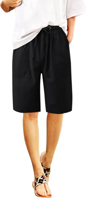 2024 Women's Drawstring Waist Shorts Summer Casual Short Length Pants Solid Straight Legs All-Match Walking Cycling Shorts