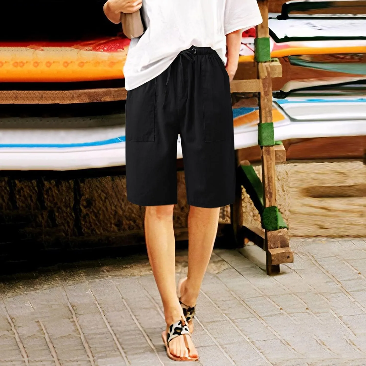 2024 Women's Drawstring Waist Shorts Summer Casual Short Length Pants Solid Straight Legs All-Match Walking Cycling Shorts