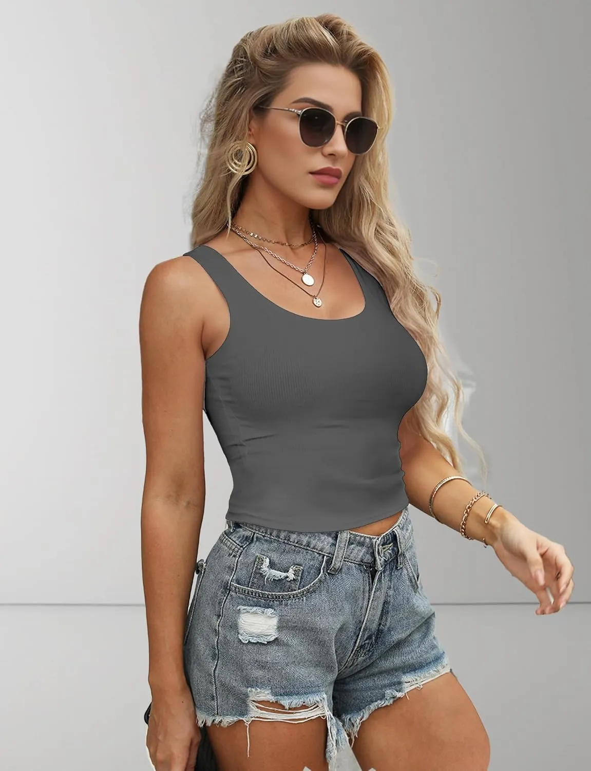 2Piece Crop Tops for Women, U Neck Sleeveless Tank Tops, Basic Cropped Racerback Going Out Tops Athletic Sports Shirts
