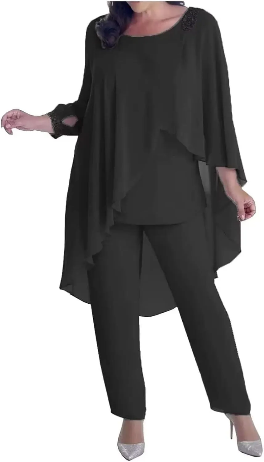 3 Pieces Mother of The Bride Dresses Pant Suits for Wedding with Beaded 3/4 Sleeve Cloak Evening Gowns 2023