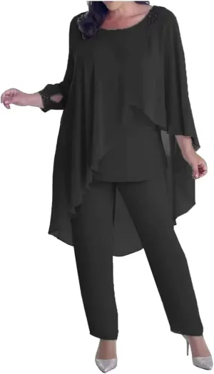 3 Pieces Mother of The Bride Dresses Pant Suits for Wedding with Beaded 3/4 Sleeve Cloak Evening Gowns 2023