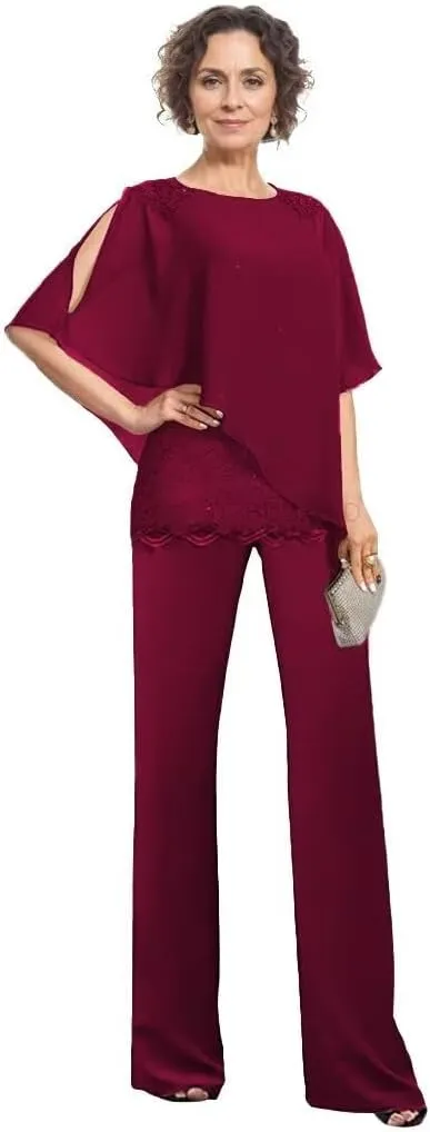 3 Pieces Mother of The Bride Pant Suits for Women Dressy Wedding Dress Lace Cape Formal Outfit