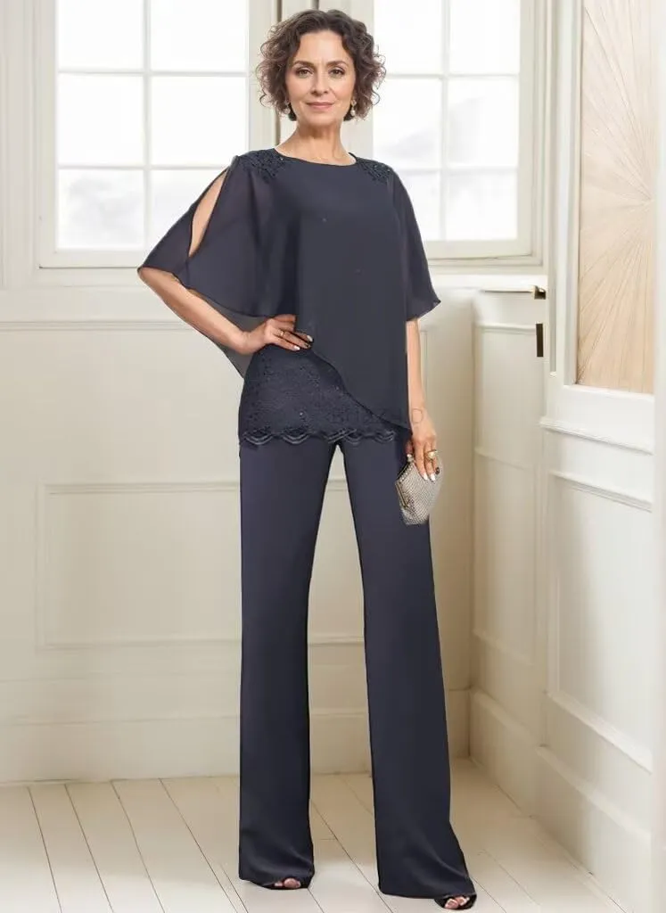 3 Pieces Mother of The Bride Pant Suits for Women Dressy Wedding Dress Lace Cape Formal Outfit