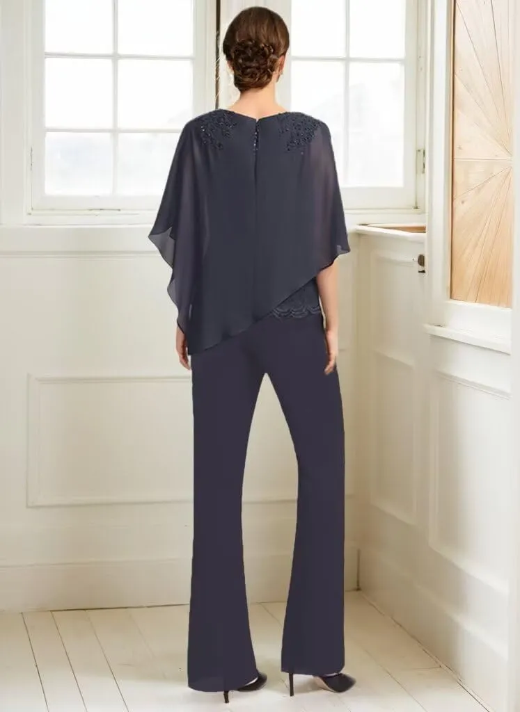 3 Pieces Mother of The Bride Pant Suits for Women Dressy Wedding Dress Lace Cape Formal Outfit