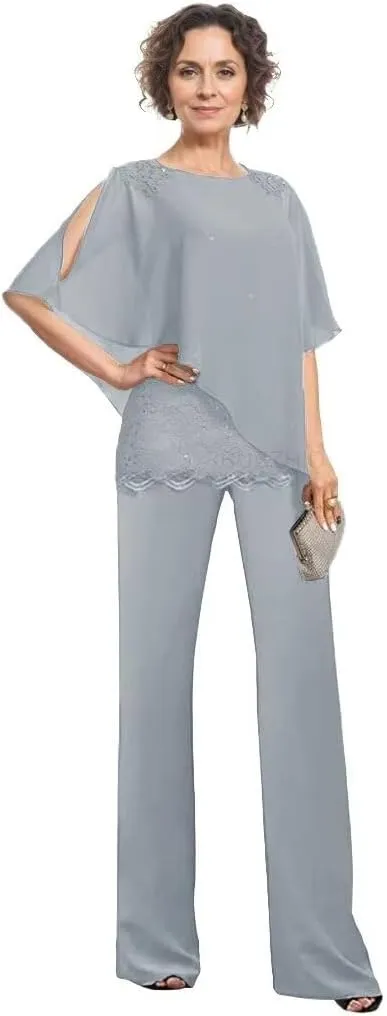 3 Pieces Mother of The Bride Pant Suits for Women Dressy Wedding Dress Lace Cape Formal Outfit