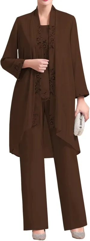3 Pieces Mother of The Bride Pantsuit Dresses Chiffon Laces Formal Evening Outfit with Jacket