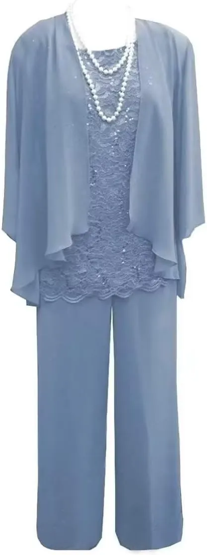 3 Pieces Pant Suits for Women Dressy Lace Chiffon Formal Wedding Guest Dress with Jacket