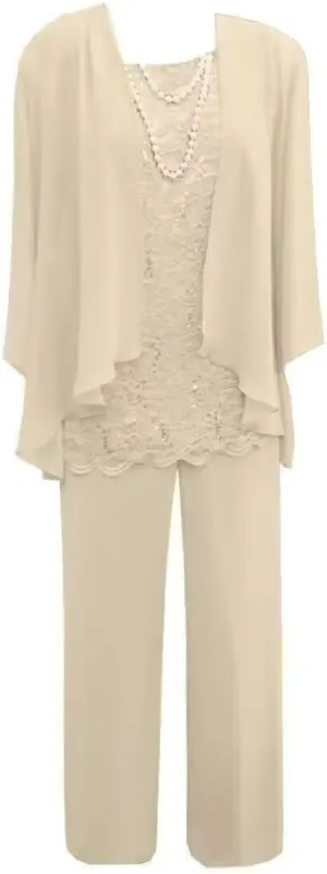 3 Pieces Pant Suits for Women Dressy Lace Chiffon Formal Wedding Guest Dress with Jacket