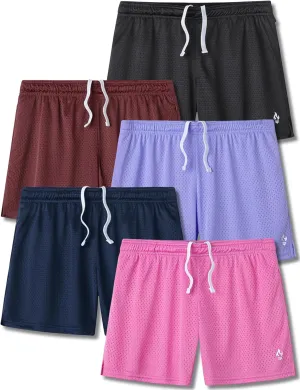 5-Pack Women's Athletic Shorts Mesh Basketball, Ladies Active Loose Pull-On Shorts with Zipper Pockets, 5" Inseam