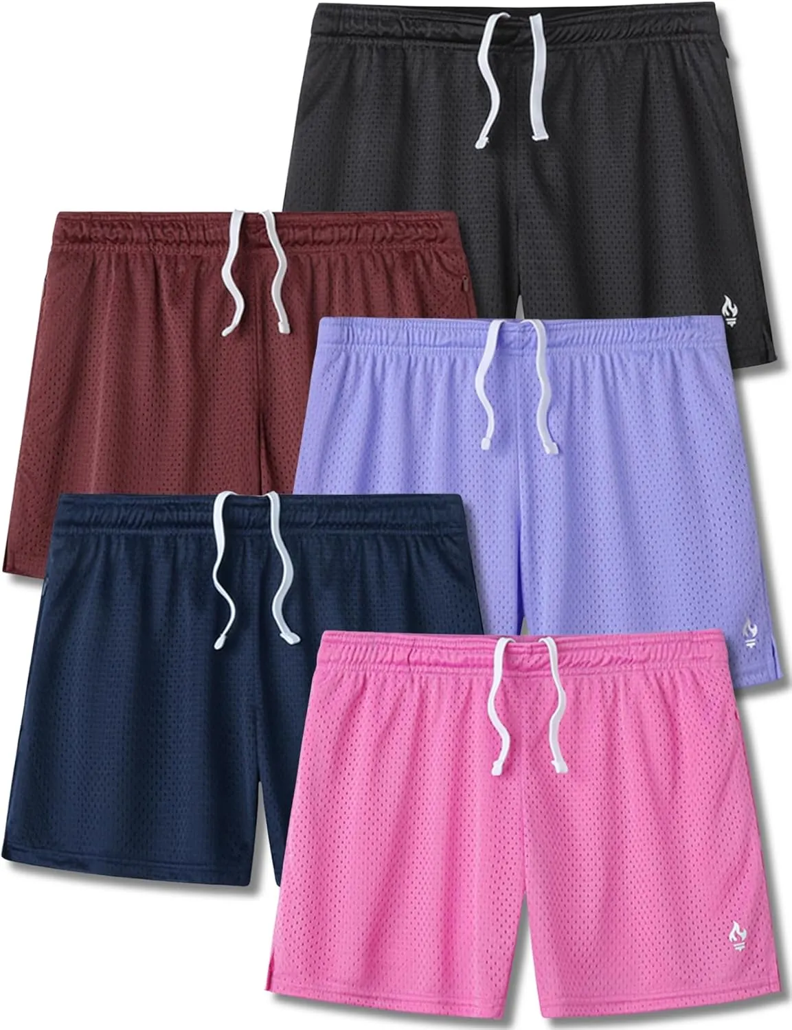 5-Pack Women's Athletic Shorts Mesh Basketball, Ladies Active Loose Pull-On Shorts with Zipper Pockets, 5" Inseam