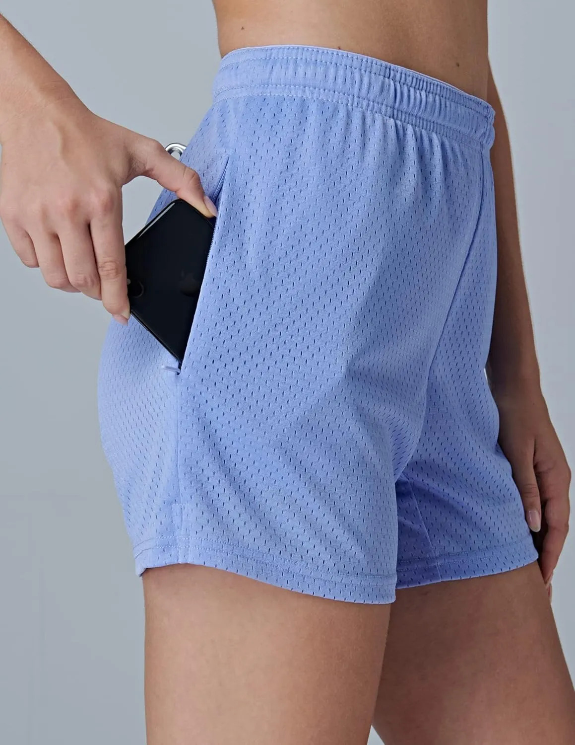 5-Pack Women's Athletic Shorts Mesh Basketball, Ladies Active Loose Pull-On Shorts with Zipper Pockets, 5" Inseam
