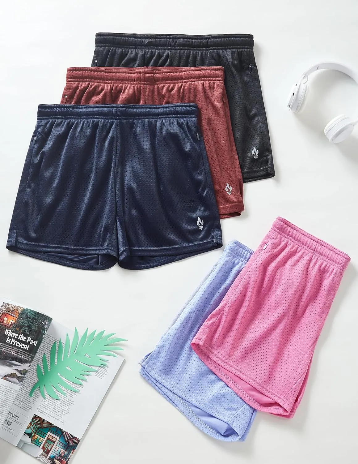 5-Pack Women's Athletic Shorts Mesh Basketball, Ladies Active Loose Pull-On Shorts with Zipper Pockets, 5" Inseam