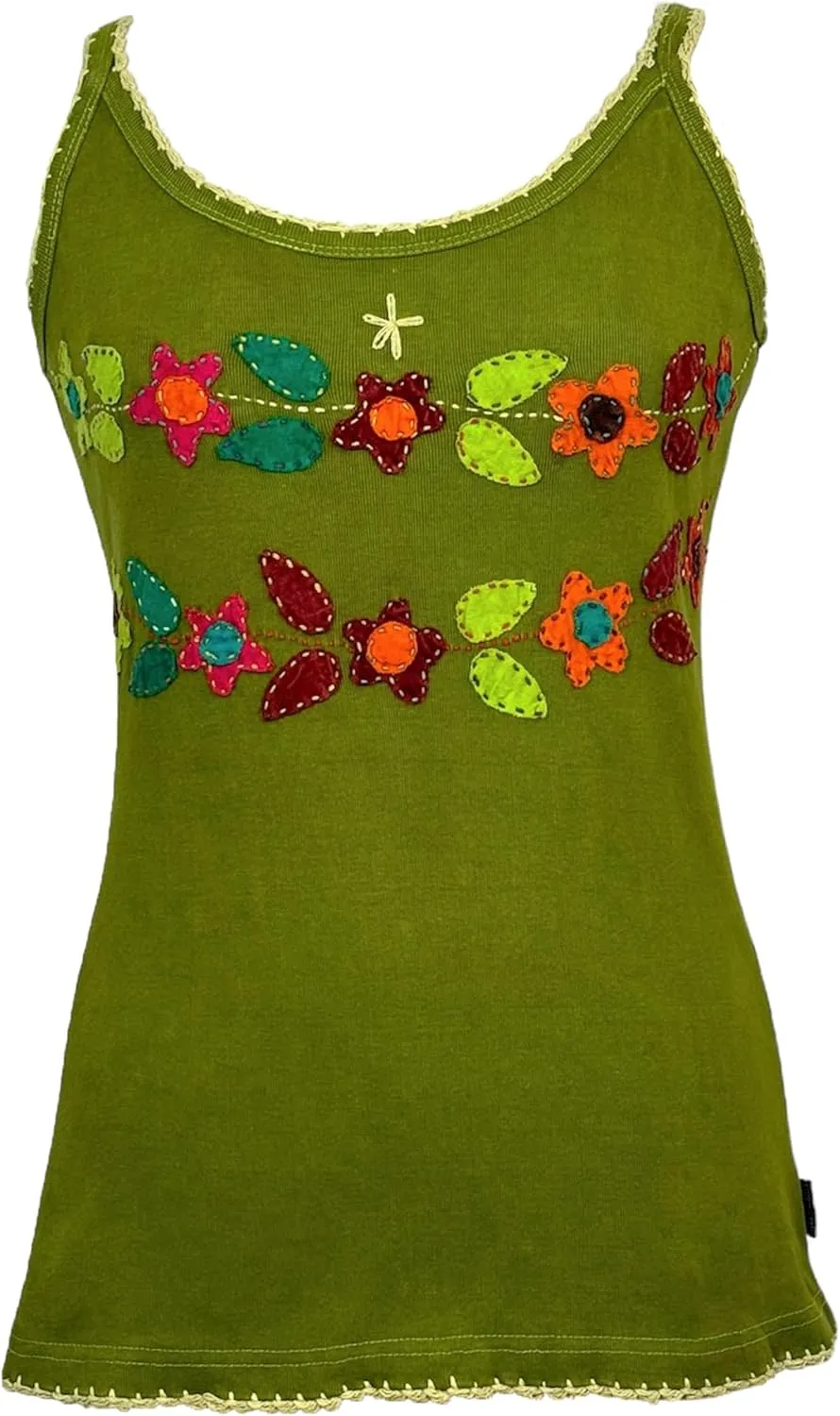 Agan Traders 2025 Spring Rib Knit Cotton Tank - Boho Gypsy Handcrafted Embroidery Patchwork Womens Summer Tops Cami (Large, Lime)